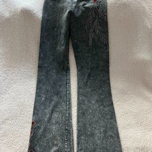 Distressed Gray Pants with Embroidery on Thigh and Calf